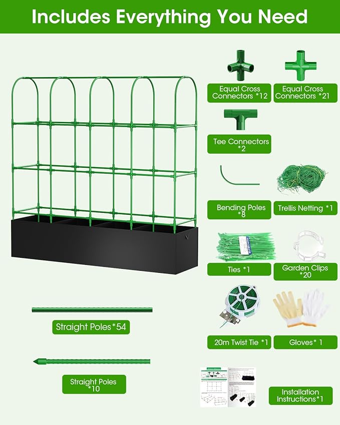Cucumber Trellis with Grow Bags for Garden, U Frame Garden Trellis for Climbing Plants, Metal Plant Trellis with Garden Netting for Vegetables Flowers Fruits(5 Arches)