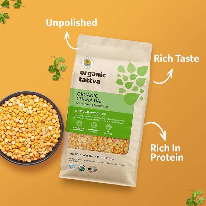 Organic Tattva Chana Dal (4 lbs) - Split Chickpeas Yellow Lentils Organic, Gluten Free, Vegan & Kosher - High Protein Lentils Dry - Pure Garbanzo Beans Dal for Everyday Nutrition - USDA Certified