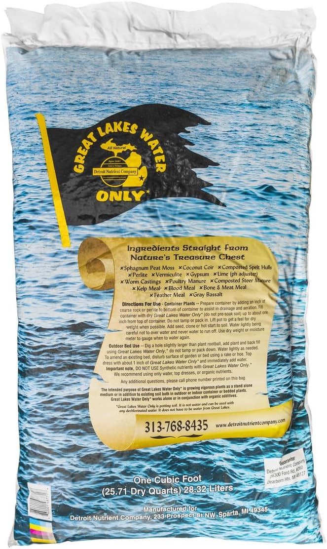 Great Lakes Water Only Organic Living Soil, 1 Cubic Foot (28.32 Liters), All Natural Plant-Based Super Soil with Sphagnum Peat Moss, Coconut Coir, Worm Castings for Indoor & Outdoor Growing