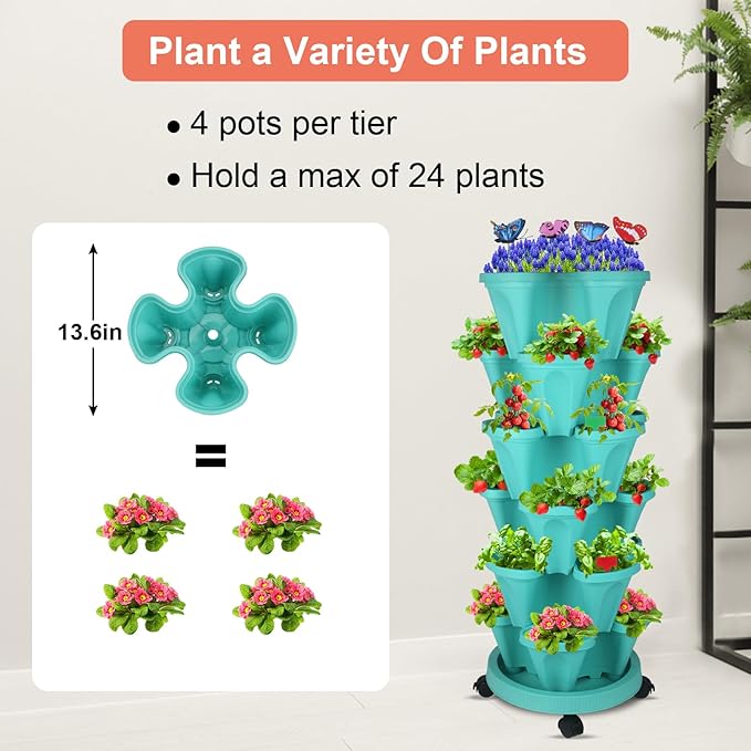 GameXcel Vertical Planter, 6 Tier Stackable Strawberry Planter with Garden Tool Set, Movable Indoor/Outdoor Garden Herb Pot for Growing Vegetables and Succulents, Teal