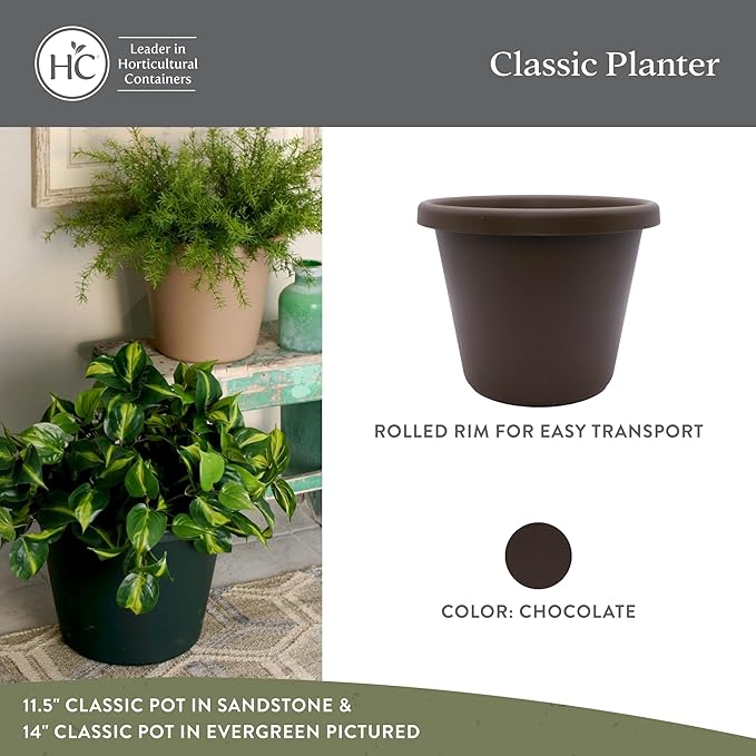 The HC Companies 8.5 Inch Classic Round Planter Pots with Drainage, Rolled Rim Plastic Planters for Indoor & Outdoor Plants, 4-Pack Decorative Flower Pots for Garden, Office & Home Decor, Chocolate