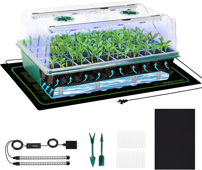 PJT Self Watering Seed Starter Tray with Grow Light & Heat Mat, 60-Cell Seed Starting Kit with 4.3” Humidity Dome for Seed Germination, Complete All-in-One Kit for Easy Seed Starting