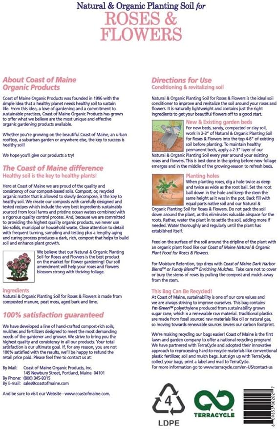 Coast of Maine Organic & Natural Planting Soil for Roses & Flowers - Premium Garden Soil w/Composted Manure, Sphagnum Peat Moss for Multi Use In Ground & Containers - Enhanced Drainage (20 Qt)