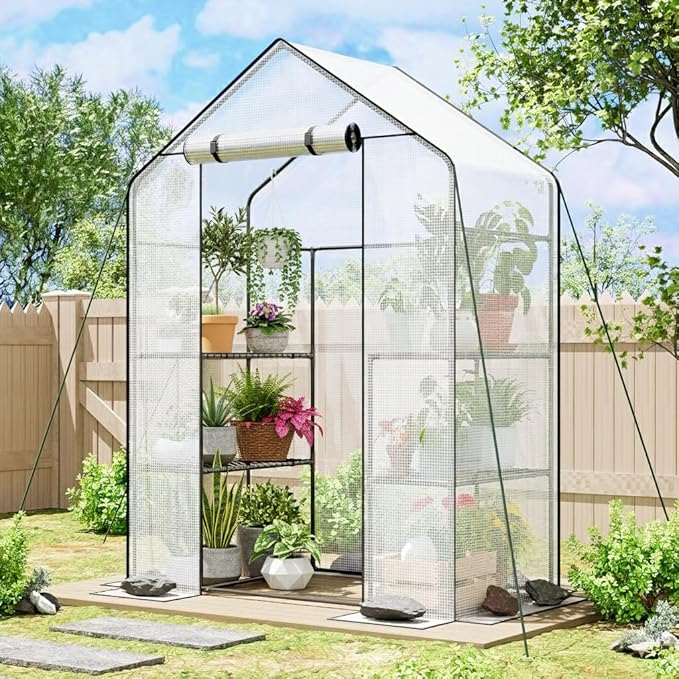 Superlele Walk-in Greenhouse for Outdoor, 56x29x77 Inch Portable Garden Green House with 6 Tiers (3 Tiers Each Side), Reinforced White PE Mesh Cover, 4 Ground Stakes for Stability, Zippered Door