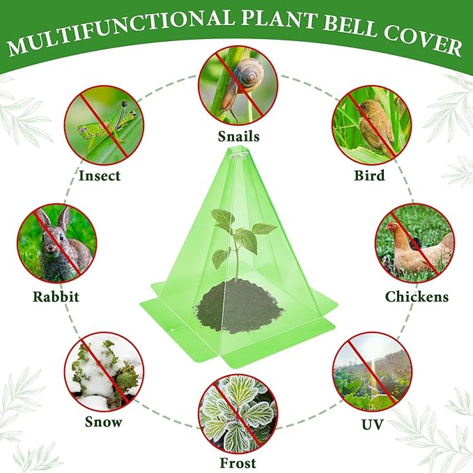 40 Pack Cloches for Plants, 7.8" x 11" Plastic Small Plant Seedling Protector with 80pcs Metal Stakes, Reusable Bell Covers to Protect Plants from Birds, Slugs, Sun, Frost, Freeze Weathe (Green)