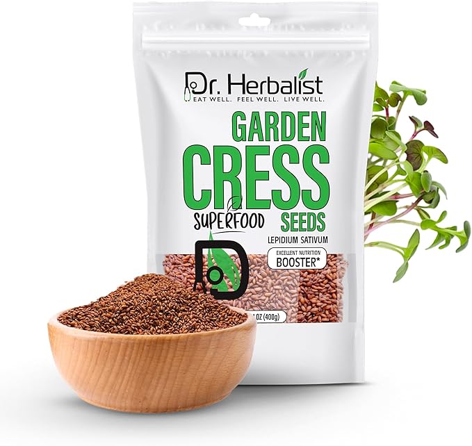 Dr. Herbalist Garden Cress Seeds 14.1oz (400g) – Premium Halim, Aliv, Haleem, Rashad, Watercress (Lepidium Sativum) – Superfood Seeds for Eating – Natural Nutrition Booster – Resealable Freshness Bag