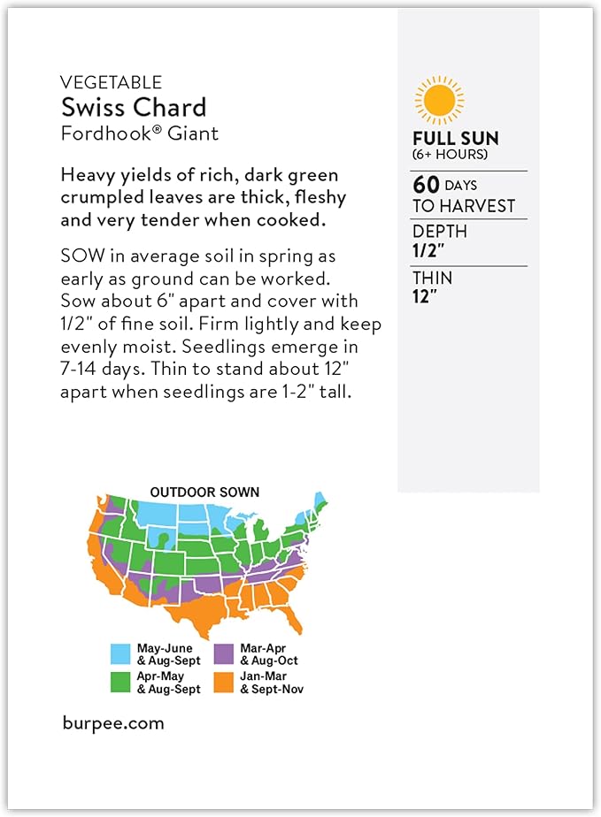 Burpee Fordhook Giant Swiss Chard Seeds - Heirloom Spinach Substitute Greens