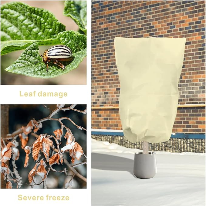 6 PCS Plant Covers Freeze Protection, 47.2"x31.5" Frost Blankets with Zipper Drawstring Reusable Winter Plant Protectors Bag Covers for Outdoor Garden Trees, Shrubs Cover for Frost Cold Pest, Beige