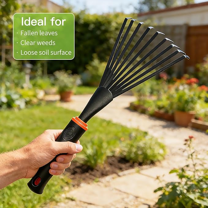 Hand Rake, Garden Stainless Steel Hand Rake with Ergonomic Handle for Gardening, Garden Sweep Yard Flower Beds Tool