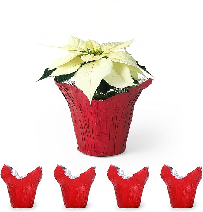 4.5” STD Plant Pot Covers, Decorative Plant Sleeve for Indoor & Outdoor House Plants, Reusable and Gift-Ready Foil Wrap for Flower Pots, Red Metallic, Pack of 5