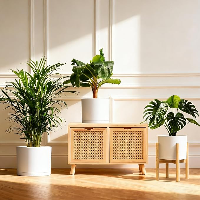 10/9/8 Inch Large Plant Pots with Drainage Holes and Trays, 3 Pack Modern Minimalist Cylinder Planters for Monstera, Snake Plant, Indoor Outdoor (Matte White)