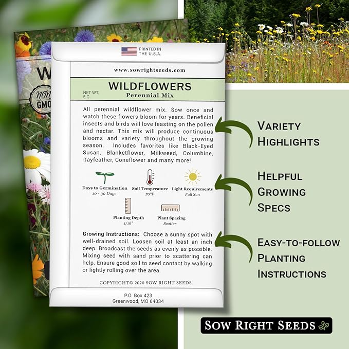Sow Right Seeds - Perennial Wildflowers Seeds Mix for Planting - Non-GMO Heirloom Packet with Instructions to Plant & Grow a Wild Flower Garden - Colorful Blooms That Will Return Year After Year (1)