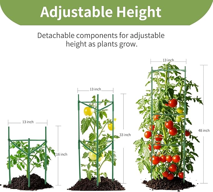 Tomato Cages with 10 Gallon Grow Bags for Garden, 3 Packs Up to 50” Height Heavy-Duty Steel Tomato Trellis, Adjustable Plant Stakes Support with Plant Clips, Garden Trellis for Climbing Vegetable