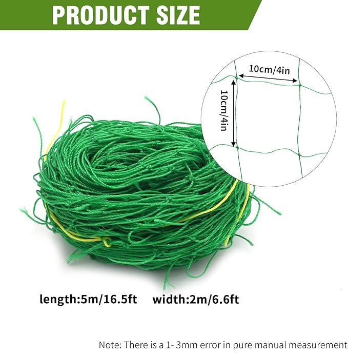 Heavy-Duty 27 Strands Nylon Trellis Netting, 16.5x6.6Ft Climbing Plant Support, 4x4 Inch Mesh for Vines Tomatoes, Cucumbers, Peas, and Beans