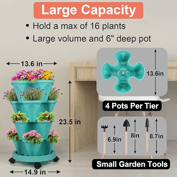 DUNCHATY Stackable Planter, Vertical Garden Planter with Wheels and Tools, Self Watering Strawberry Planter Indoor/Outdoor 4 Tier Herb Planter Pots for Growing Vegetables and Succulents, Teal
