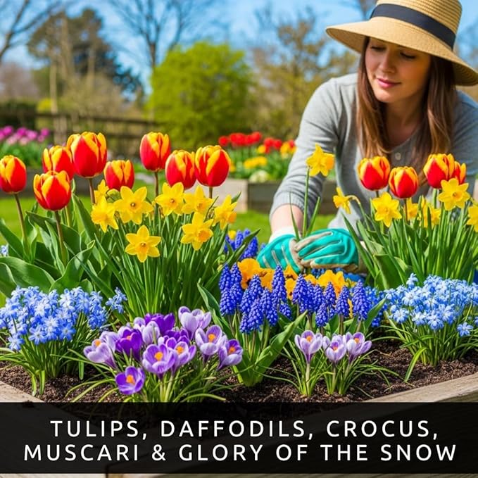 Beautiful Spring Flower Garden | 50 Fresh Bulbs | Top Size Bulbs, Easy to Grow Flower Bulb | Vibrant Spring Colors | Flower Blooms Tulip, Daffodil, Crocus, Muscari, Glory of The Snow