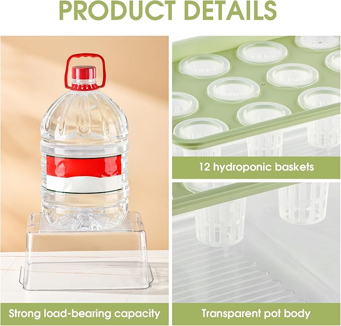 Hydroponic Planter Box, 12-Hole Transparent Aquaponics Growing System with Green Lid for Home, Balcony, or Desktop Decor.