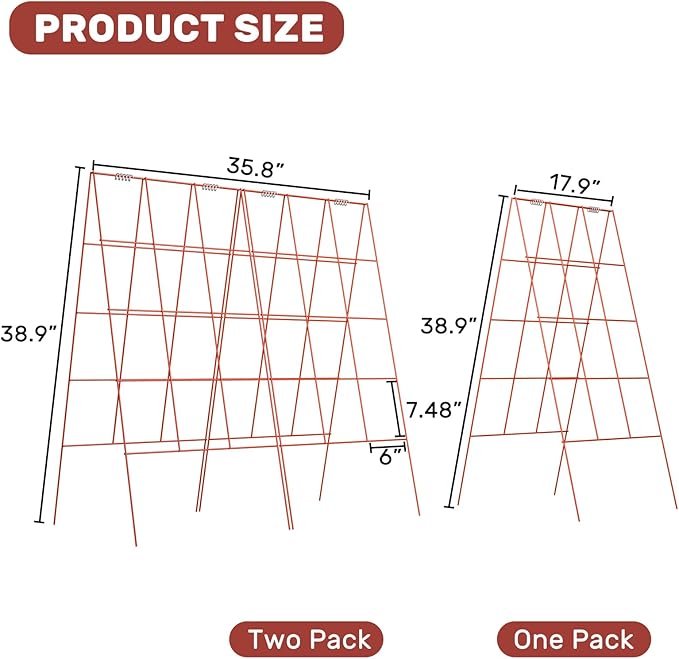DOEWORKS Cucumber Trellis, 39" High Foldable A Frame Garden Trellis, 2 Pack, Plant Support for Climbing Cucumber, Beans, Tomatoes, Flowers, Red