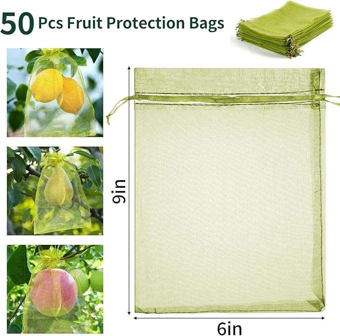 50 Pcs Fruit Protection Bags, 6×9 Inches Green Fruit Nets for Fruit Tree, Drawstring Mesh Cover Bags to Protect Vegetables Tomato Strawberry Garden