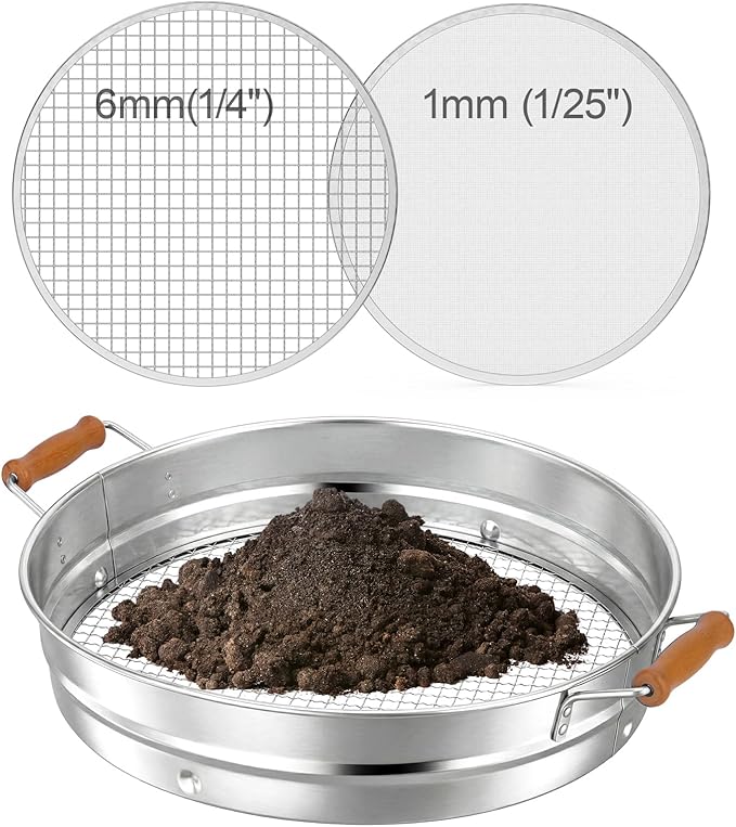 Stainless Steel Soil Sifter with Wood Handle - 14 Inch Large Garden Sieve & Compost Screen Pan for Dirt, Rocks, Gravel & Sand - 2 Heavy Duty Rustproof Replaceable Meshes (1mm & 6mm)