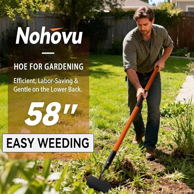 Garden Hoe Tool, 58 Inches Hoe Garden Tool with Fiberglass Long Handle, Heavy Duty Garden Hoe for Weeding