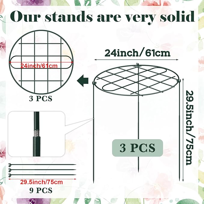 3 Pack 24 x 29.5 Inch Peony Cages and Supports Grow Through Plant Grid Support,Metal Plant Brace Support Peony Rings Hoops for Outdoor Plants Vegetables,Rose,Tomato,Orchids