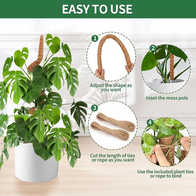Handmade Coco Coir Moss Pole - 48 Inch Bendable Sticks Support for Climbing Plants, Monstera, Indoor Plants to Grow Upwards