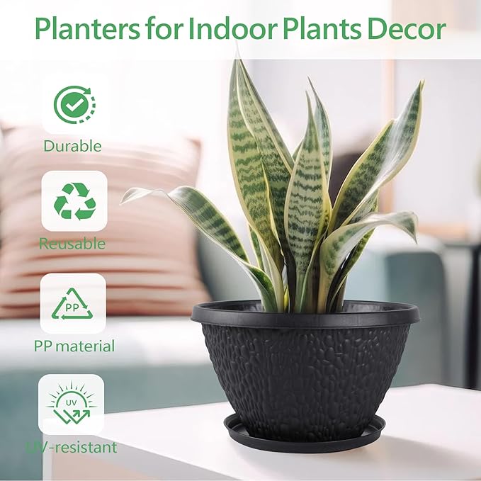 4 Pack 10 inch Plant Pots for Outdoor Indoor, Durable Flower Pots with Drainage, Indoor Outdoor Planters for Herbs Flowers Small Trees (Black Pebbles Design)