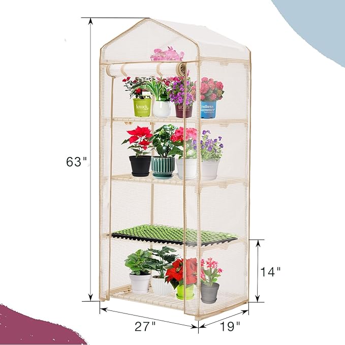 4-Tier Mini Greenhouse – Indoor or Outdoor Gardening Hot House with PE Zippered Cover and Metal Shelves for Growing Vegetables, Flowers and Seedlings 63'' H x 27'' L x 19'' W (PLGH704OWW)