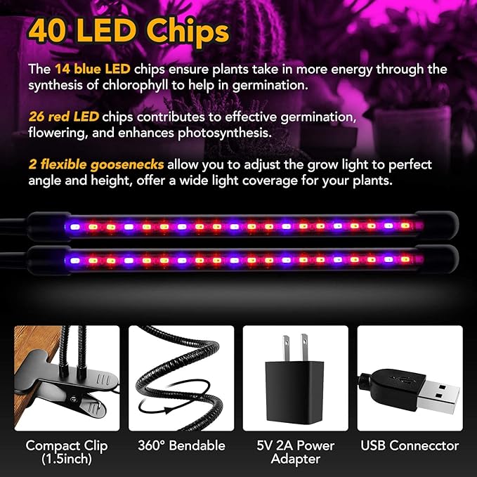 iPower LED Grow Light with Full Spectrum for Indoor Plants, Adjustable Gooseneck, 3 Light Modes&11 Dimmable Levels, 3 Auto Timing Modes, Red&Blue