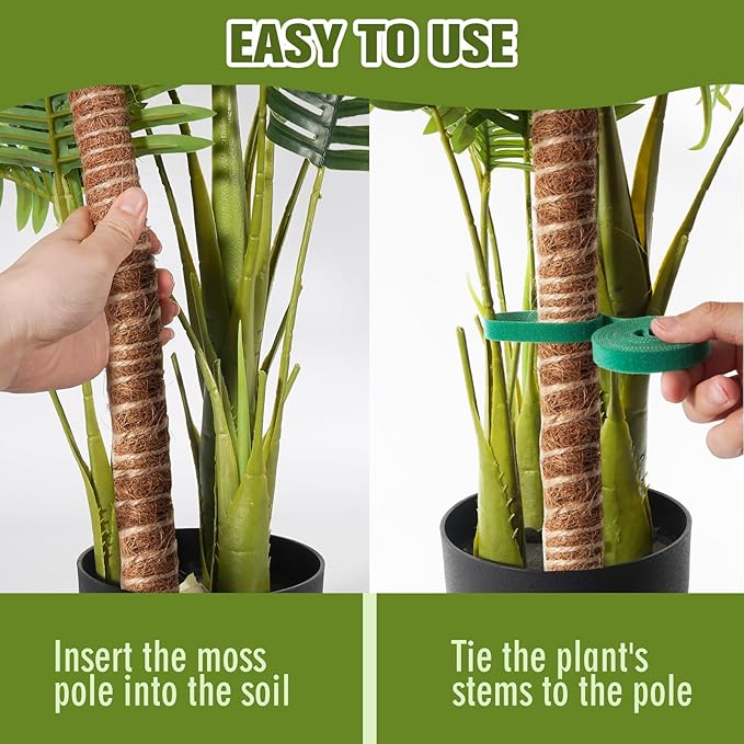 3-Pack 28 Inch Moss Pole for Climbing Plants – Natural Coir Poles with Adjustable Velcro Straps & Hemp Rope, Plant Stakes for Monstera, Pothos & Indoor Houseplants