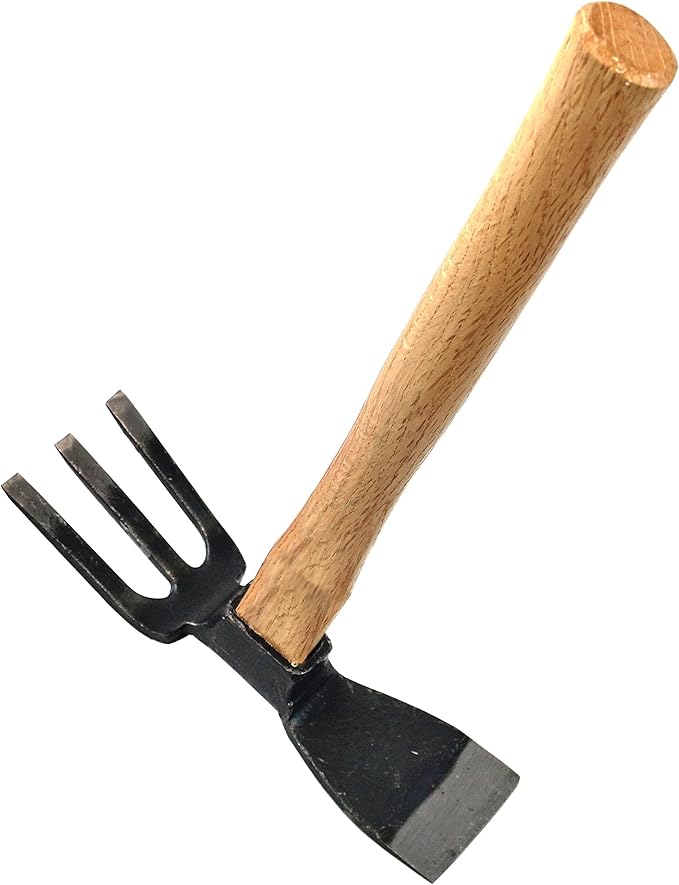 KAKURI Hoe Cultivator Combo Hand Tiller 14-3/4" Heavy Duty Hand Forged Japanese Steel Blade, Japanese Gardening Tool for Digging, Raking, Cultivating, Weeding, Made in Japan