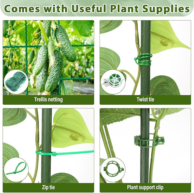 Cucumber Trellis for Garden, Upgrade U-Shaped Metal Garden Trellis Plant Grow Support Frame for Climbing Plants Vegetable Flower Fruits Vine Raised Bed with Netting, Instruction, Garden Tools, Green