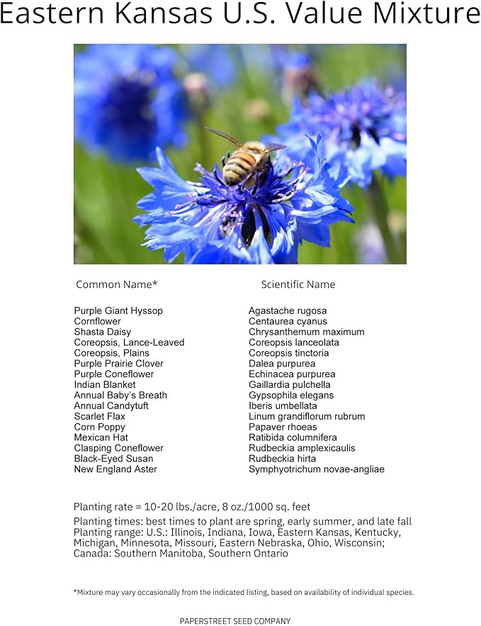 Eastern Kansas Bulk Wildflower Seed Mix 1lb for 2,000sq-ft - Attract Pollinators, Multi-Color Blooms - Midwest Species Plant in Spring/Fall, Earth-Friendly Packaging (1/4 Pound)