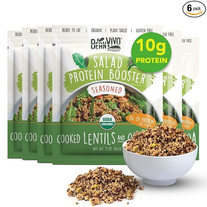 BeanVIVO 6-Pack Salad Protein Booster - Organic Lentils & Quinoa, fully cooked and seasoned, delivering a burst of taste and 10g of protein-packed goodness in every pouch 5oz
