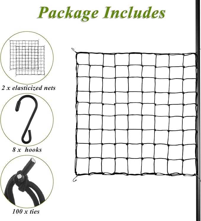 2 Pack Trellis Netting 5x5 Ft for Plants, Flexible Trellis Netting for Grow Tent with Steel Hooks and 100 Zip Ties, 3mm Thick Cord Elastic Net for Heavy Vegetables and Climbing Flowers