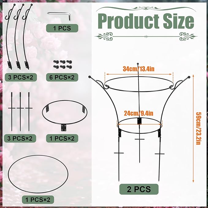 2 Pack Large Peony Cages and Supports,23.2" H X 13.4" D Metal Peony Support Rings,Tall Plant Support Garden Stakes for Outdoor Plants and Other Flopping Flowers