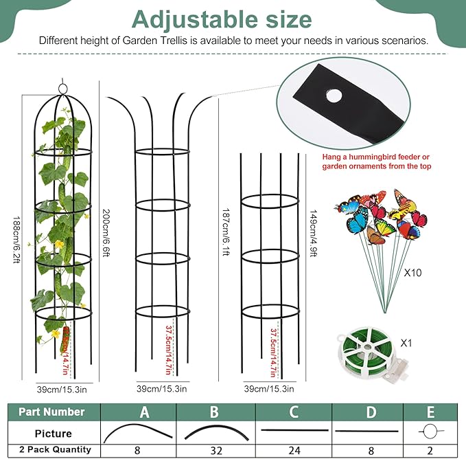 100% Metal 6.6 Ft Tower Obelisk Garden Trellis,2 Pack Plant Support for Climbing Plants Rose Bush Round Trellis for Pots Rustproof Metal Plant Flower Trellises for Clematis Vine Jasmine Outdoor Indoor