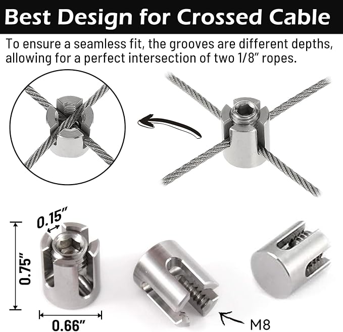 20pcs 1/8" Cable Cross Clamps, T316 Stainless Steel Cross Cable Clamps for 3mm Wire Rope or Rod Fittings, No Drilling Clips for Wire Trellis Kits (Heavy Duty)