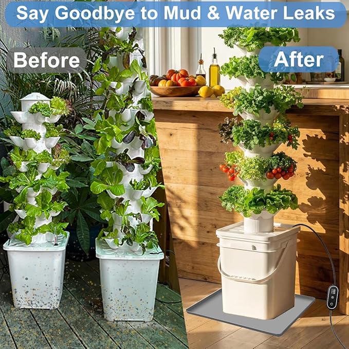 Hydroponic Tower Mat Hydroponic Garden Mat Extra Large, 24x24" Garden Tower Silicone Pad with Raised Edge, Indoor Growing System Drip Pan Hydroponics Container Tray Herb Gardening Floor Protector Soft