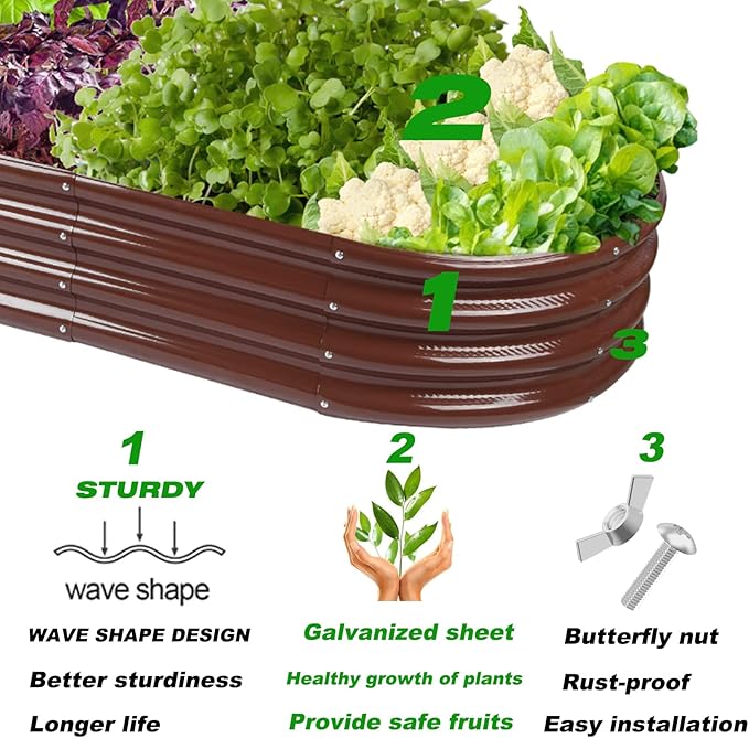 Raised Garden Bed GRS Certified Galvanized Planter Box Outdoor, 5ft Oval Rot-Resistant Metal Garden Bed Planter, Recycled Material Planter for Vegetables Flowers Herbs (Brown)