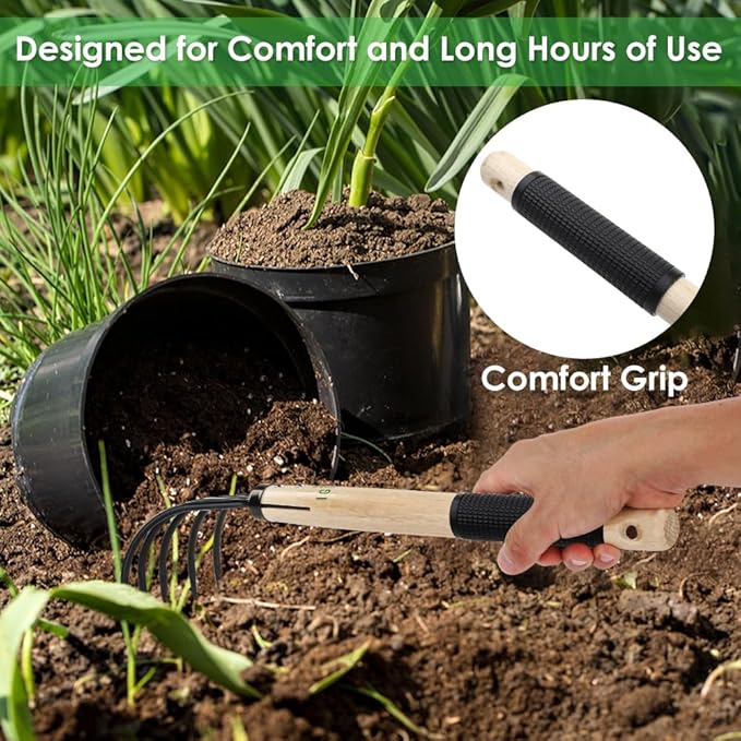 Garden Rake with Ergonomic Wooden Handle for Firm Grip, Military Grade Steel Hand Garden Tool Wood Japanese Ninja Claw Rake for Perfect Pulverized and Aerated Soil, Gardening Weeding