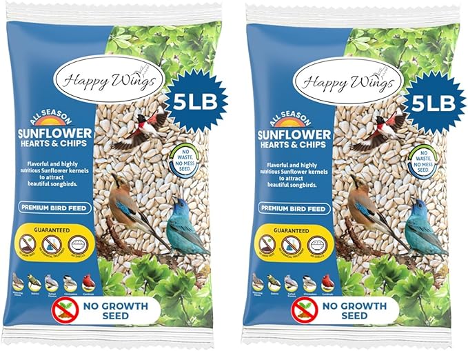 Happy Wings Sunflower Hearts & Chips Bird Food 5 lbs- Combo Pack of 2I No Mess, No Waste Seed No Grow Formula Ideal for Wild Birds, Finches, Sparrows, and Year-Round Feeding.
