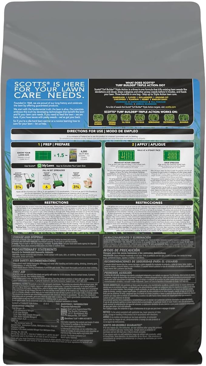 Scotts Turf Builder Triple Action1 - Weed Control, Lawn Weed Killer, Crabgrass Preventer, and Grass Fertilizer for Lawns, Covers 4,000 sq. ft., 11.31 lb.