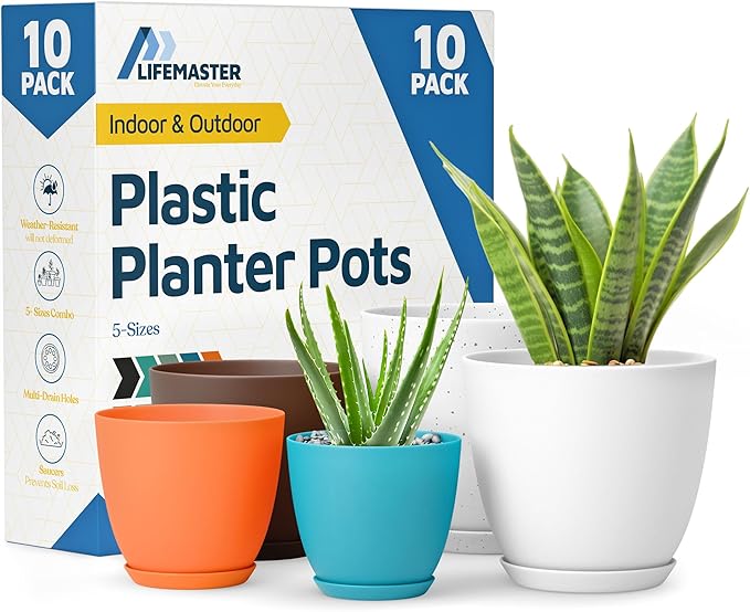 Multicolor Plant Pots with Drainage Holes & Saucers 10 Pack, Indoor & Outdoor Stackable Space-Saving Planters for Houseplants & Flowers, (7", 6.7", 6", 5.3", and 4.8" Inches), Durable & Weatherproof