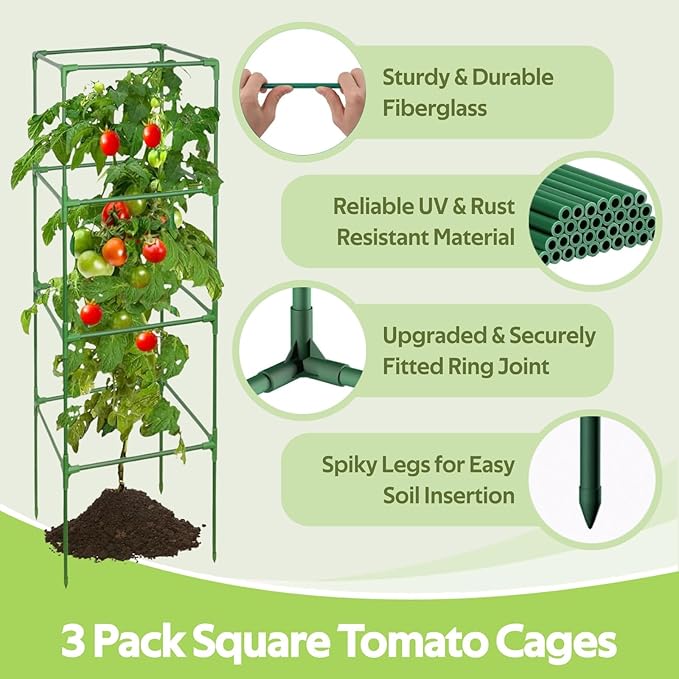 3 Pack Tomato Cages for Garden - 48" Square Tomato Cage for Pots & Raised Garden Bed - Heavy Duty Tall Tomatoes Trellis Plant Stakes Support for Vertical Climbing Plants Vegetables & Flowers