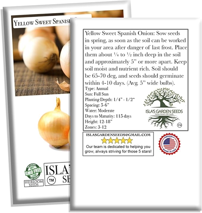Yellow Sweet Spanish Onion Seeds (Allium cepa) – 750+ Non-GMO Heirloom Seeds by Isla’s Garden Seeds, Mild & Sweet Flavor, Large Golden Bulbs, Excellent for Cooking, Slicing & Storage, Garden Gift Idea