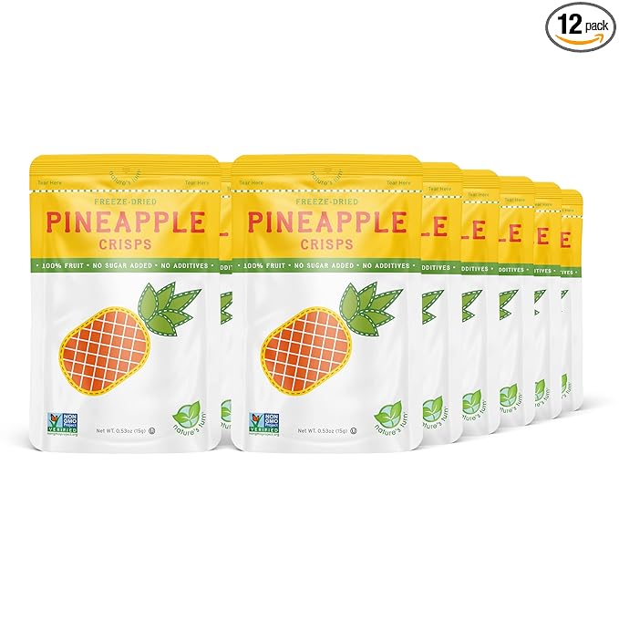 Nature’s Turn Freeze-Dried Pineapple Crisps – Healthy, Gluten-Free, Crispy & Delicious, Plant-Based Snack, Ideal for Cereal, Smoothies, School Lunches, & On-the-Go, Bags of 12 (0.53 oz Each)