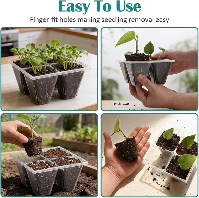 RooTrimmer 5 Pack Heavy Duty 1020 Trays and 40 Pack Clear 4 Cell Seed Starter Trays with Drainage Holes - Reusable Seed Starter Kit for Seed Germination & Plant Propagation (5 Sets)