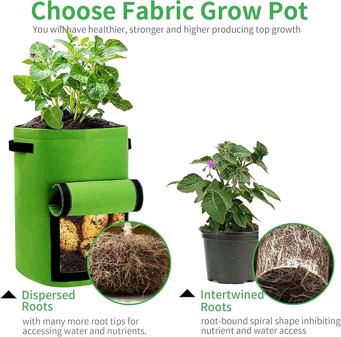 JJGoo 4 Pack Potato Grow Bags 10 Gallon with Flap, Heavy Duty Fabric Grow Bags with Handle and Harvest Window, Non-Woven Planter Pot Plant Garden Bags to Grow Vegetables Potato Tomato, Green